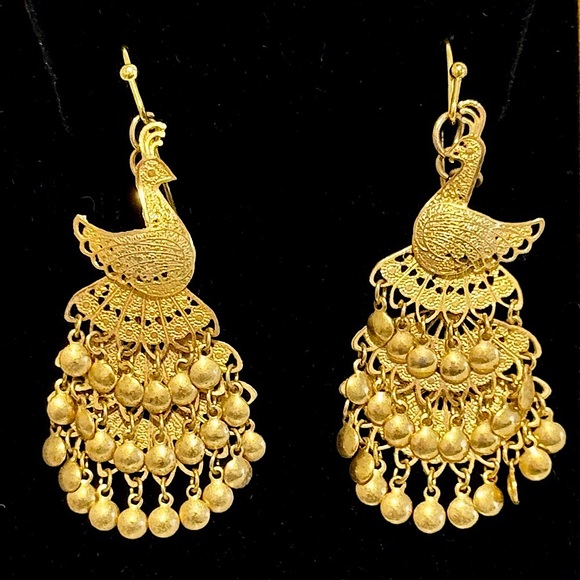 18k Gold Peacock Earrings Vintage Fringe Drop Dangle...